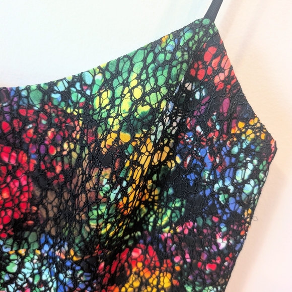 Black Halo Multicolored Overlay Spaghetti Strap Mini Dress Sz. 6 - Picture 3 of 10